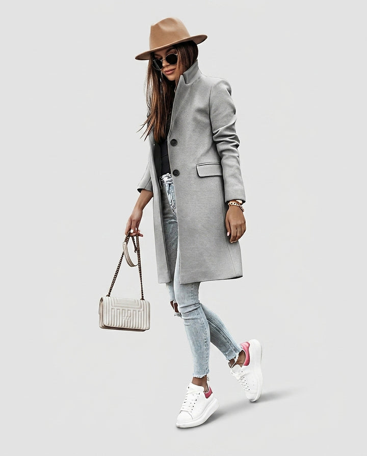 Women’s Buttoned Coat with Stand-Up Collar - Front [Lystr 6a995974f7fcc27982116d07:front]