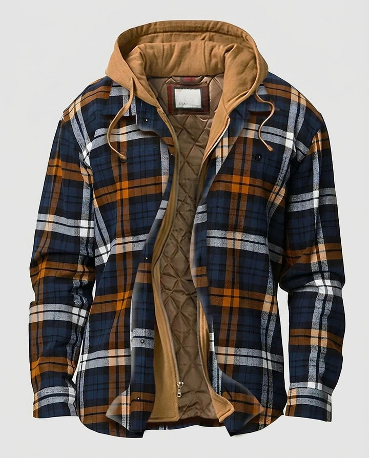 Men’s Jacket with Hood and Plaid Pattern - Front [Lystr 6a995c57a2df0539741c05b3:front]