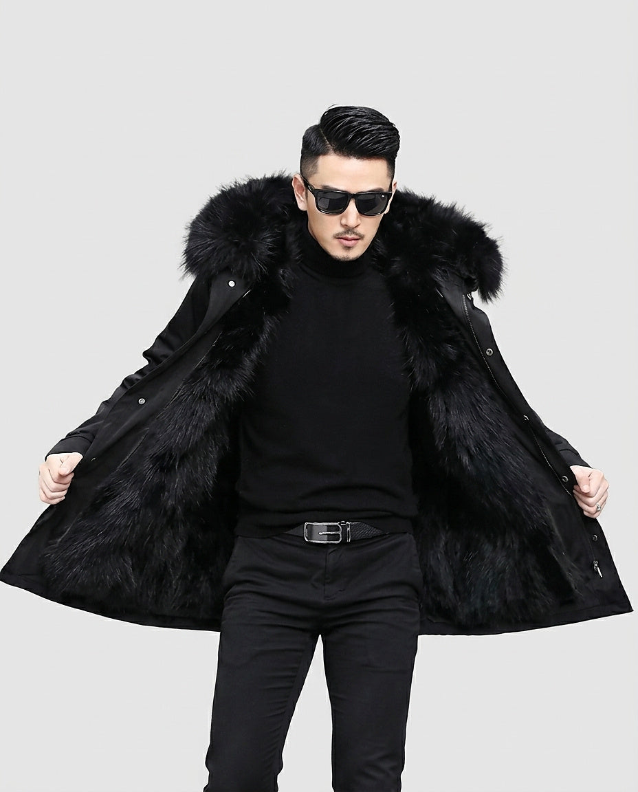 Men’s Long Coat with Faux Fur Lining - Front [Lystr 6a99616d477266cd33aeb9b2:front]