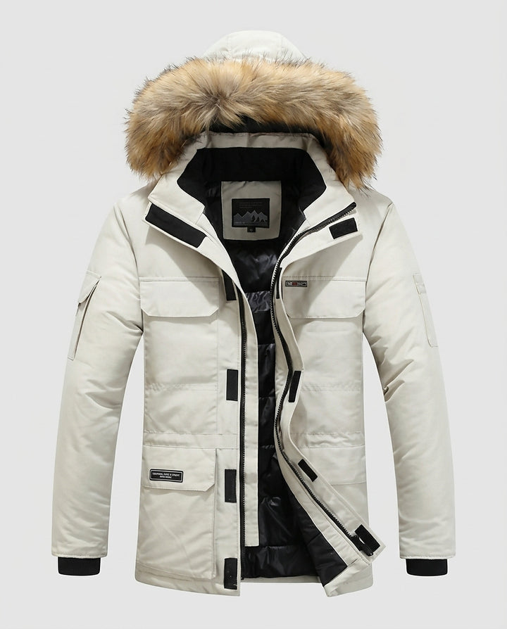 Men’s Winter Jacket with Hood and Faux Fur - Front [Lystr 6a996195477266cd33aeb9c4:front]
