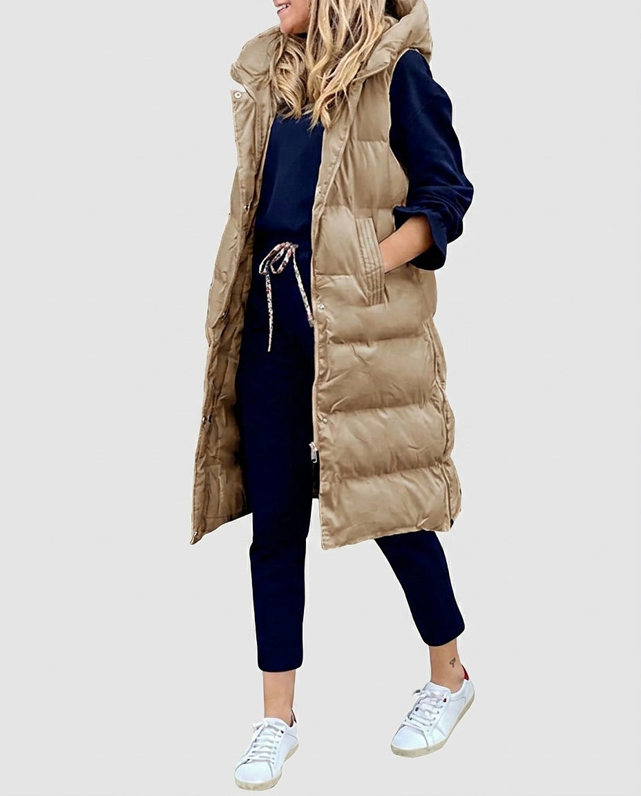Women’s Long Quilted Vest with Hood - Front [Lystr 6a99624a477266cd33aeb9dc:front]