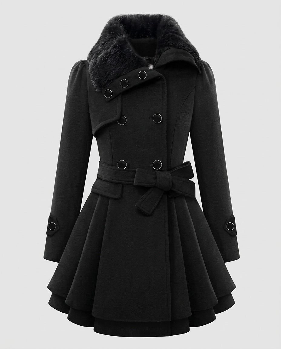 Women’s Double-Breasted Coat with Faux Fur Collar - Front [Lystr 6a99641cab5f8d91f4cef6b2:front]