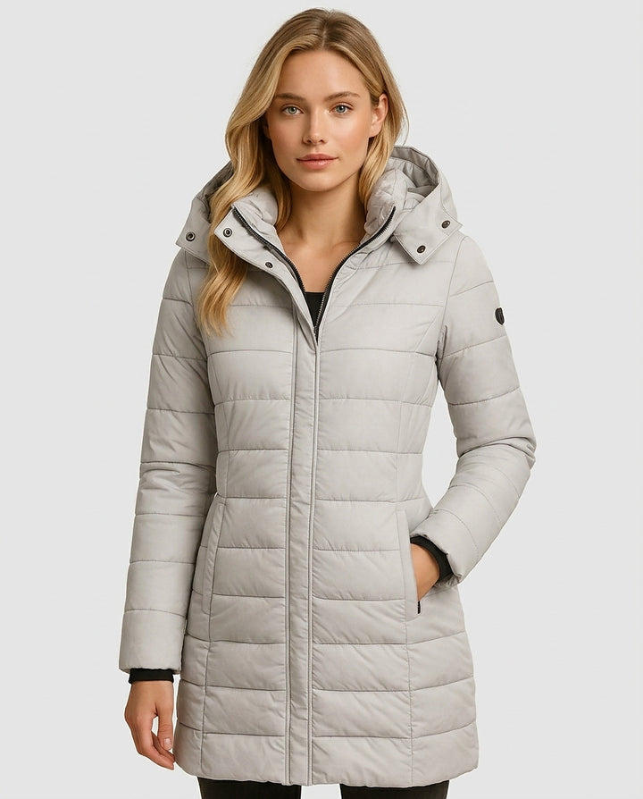 Women’s Long Quilted Jacket with Hood - Front [Lystr 6a996437ab5f8d91f4cef6be:front]