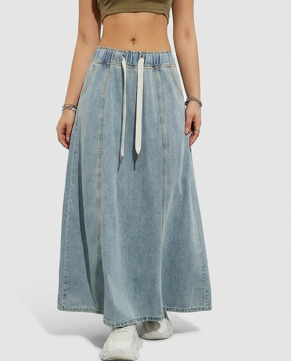 Women's Denim Maxi Skirt with High Waist and Elastic Drawstring Waistband - Front [Lystr 6a9964f80c146a178edd412b:front]