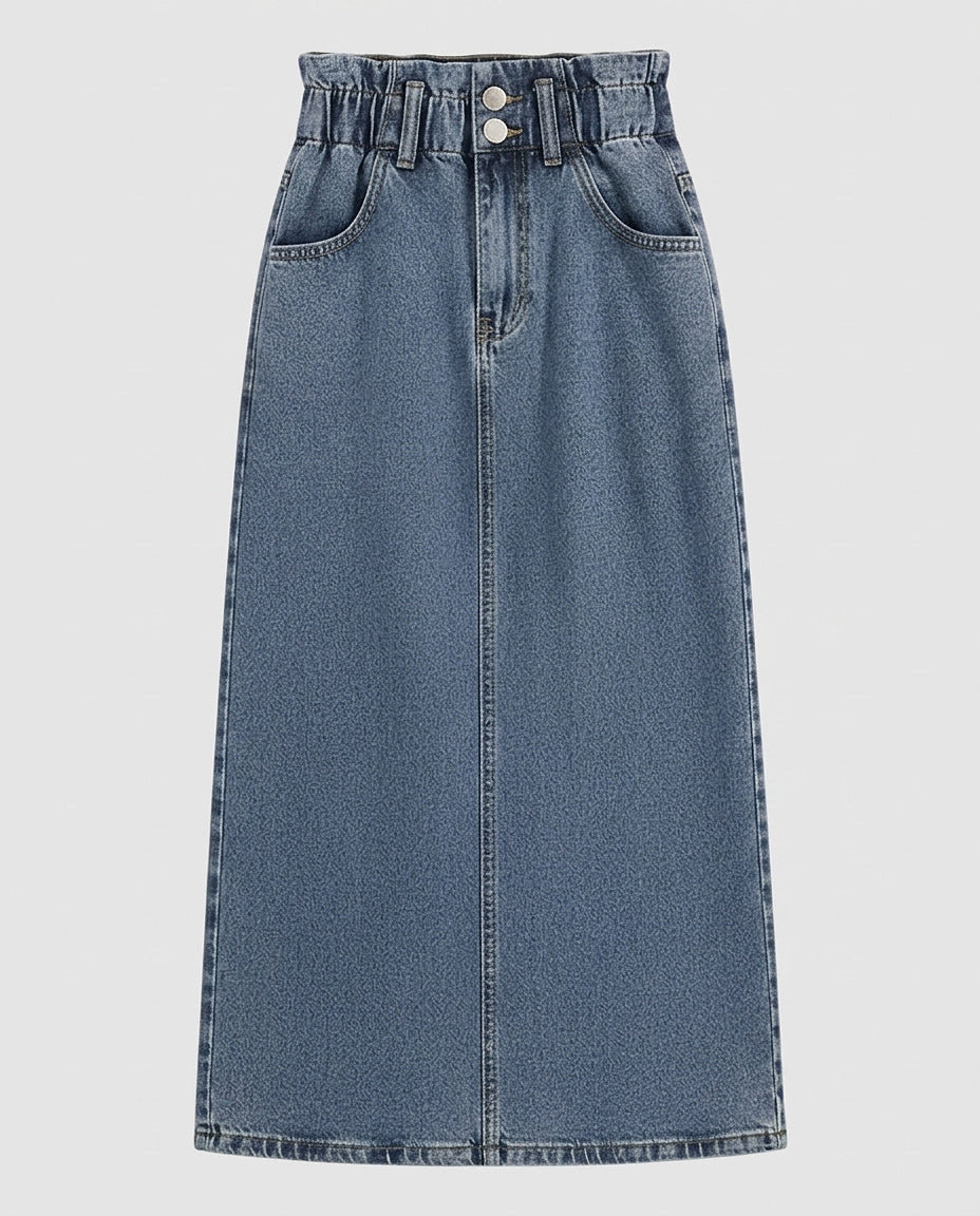 Women | High-waisted denim midi skirt with front seam and belt loop - Front [Lystr 6a9964fd0c146a178edd412e:front]