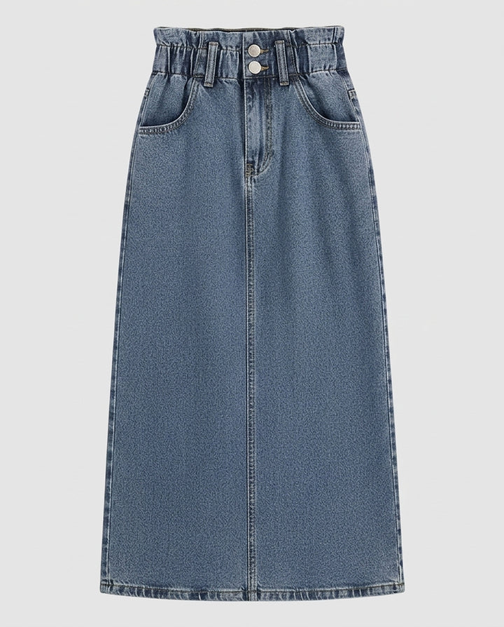 Women | High-waisted denim midi skirt with front seam and belt loop - Front [Lystr 6a9964fd0c146a178edd412e:front]
