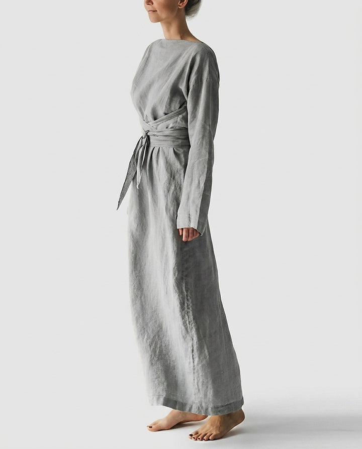 Women | Long-sleeved maxi dress with boat neck and tie waist - Front [Lystr 6a9965070c146a178edd4131:front]
