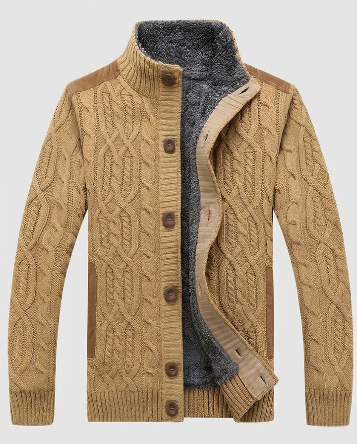 Men | Cable-knit cardigan with buttons, ribbed collar and fleece lining - Front [Lystr 6a9966310c146a178edd414c:front]