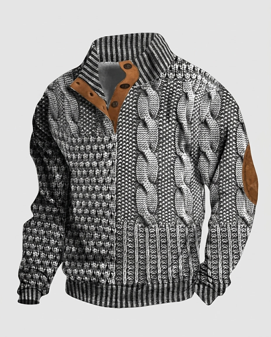 Men | Mixed knit cardigan with snap closure and elbow patches - Front [Lystr 6a9966360c146a178edd414f:front]