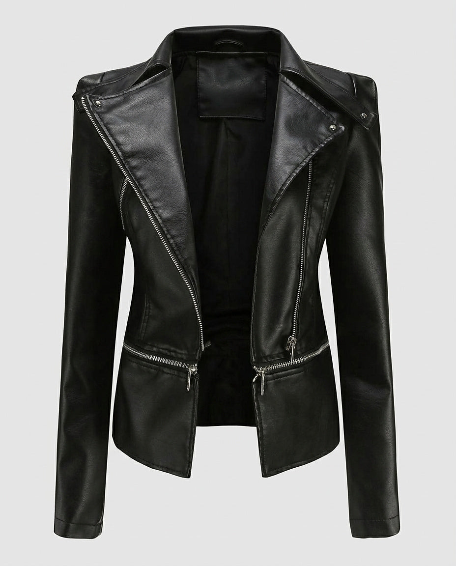 Women’s Slim-Fit Leather Jacket - Front [Lystr 6a996947ab5f8d91f4cef6fd:front]