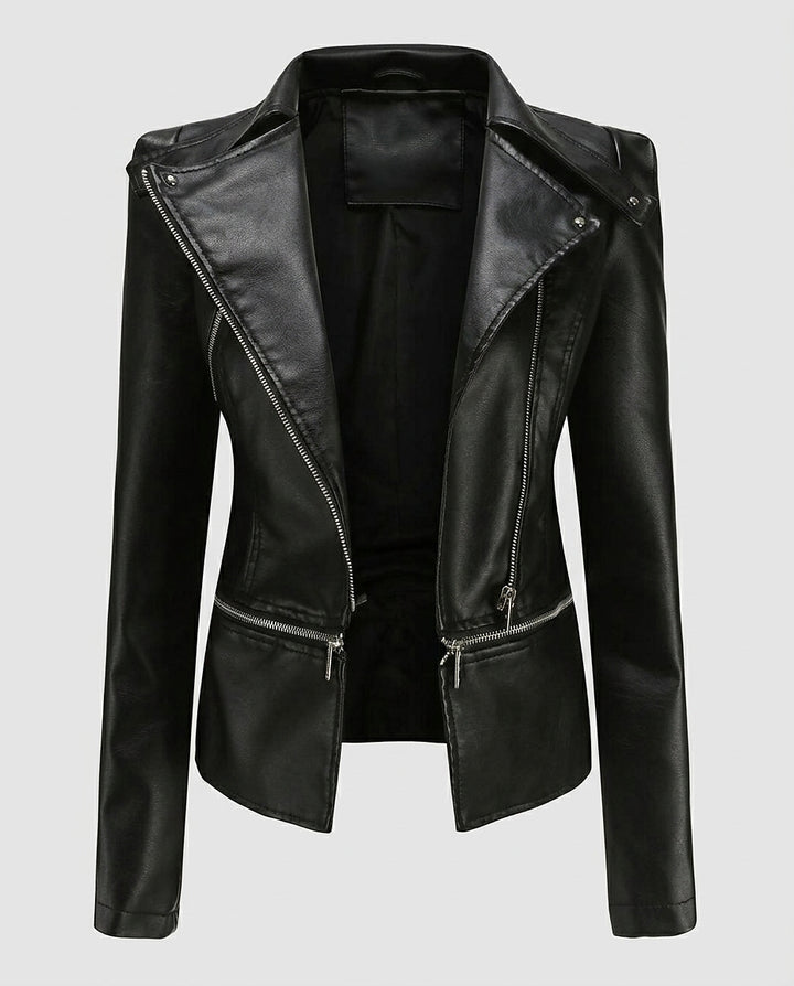 Women’s Slim-Fit Leather Jacket - Front [Lystr 6a996947ab5f8d91f4cef6fd:front]