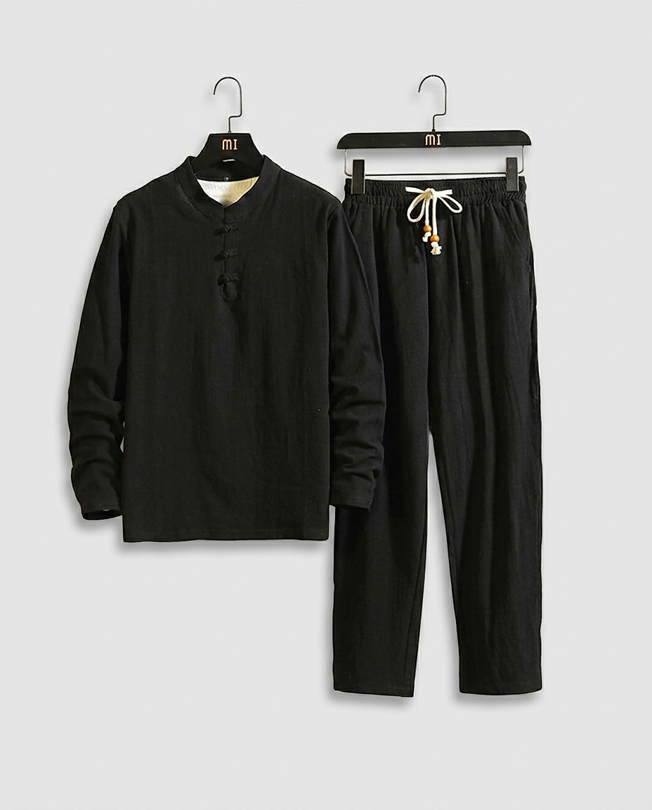 Men’s Mandarin Collar Top and Drawstring Pants Set - Front [Lystr 6a99695bab5f8d91f4cef706:front]