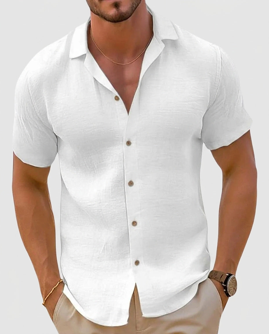 Men’s Short Sleeve Button-Down Shirt - White Front [Lystr 6a97ec049d089b0402618c18:white:front]