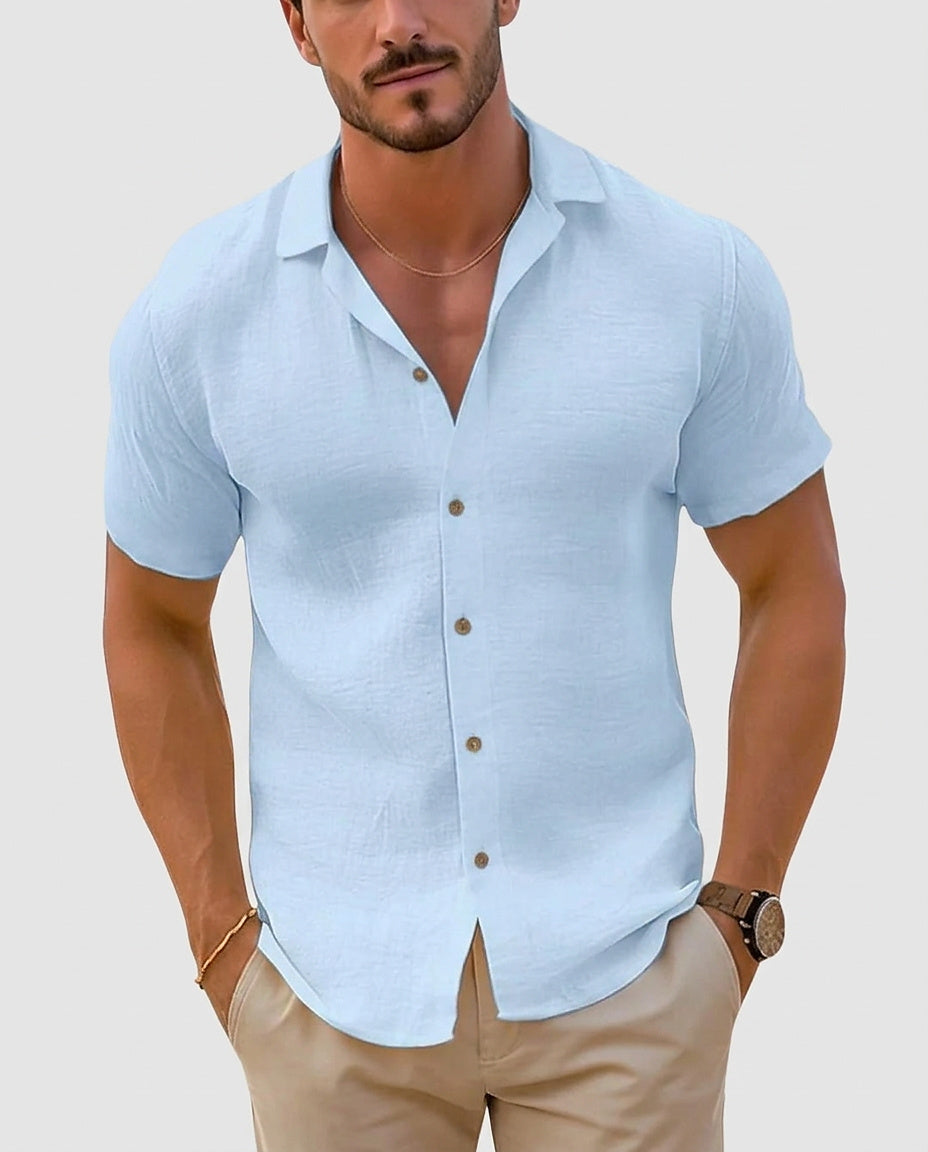 Men’s Short Sleeve Button-Down Shirt - Blue Front [Lystr 6a97ec049d089b0402618c18:blue:front]