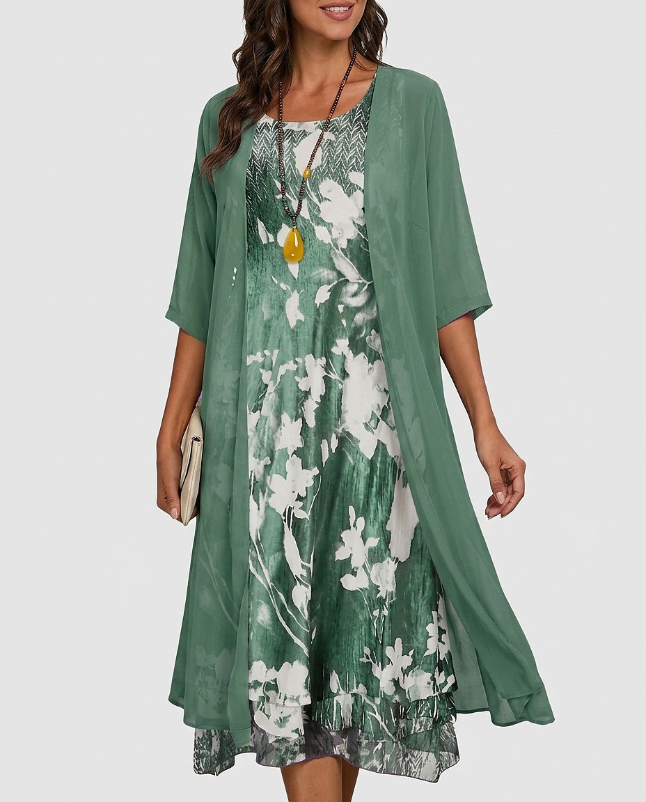 Women’s Floral Midi Dress and Overlay Set - Front [Lystr 6a95851d09e2f99e738f76ec:front]