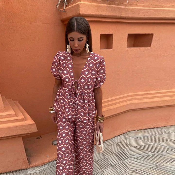 Women's Printed Two-Piece Set with Tie-Blouse