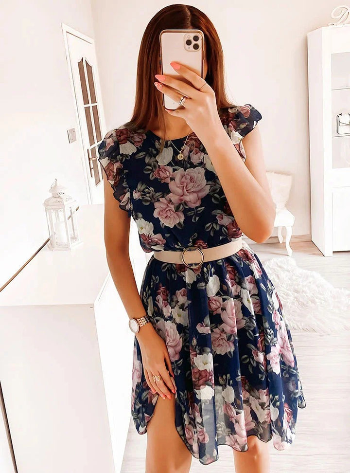 Women's Floral Print Mini Dress with Double Flutter Sleeves