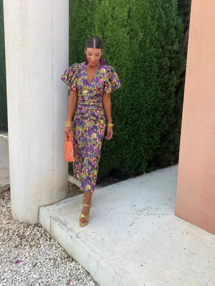 Women's Abstract Print Midi Dress with Puff Sleeves