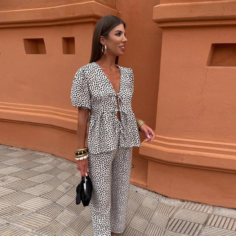 Women's Printed Two-Piece Set with Tie-Blouse