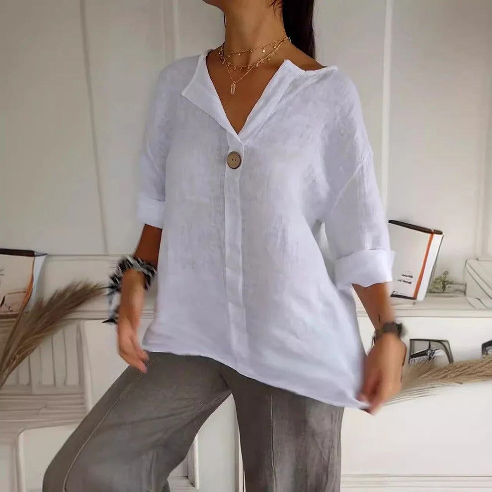 Women’s Deep V-Neck Blouse with Button Detail