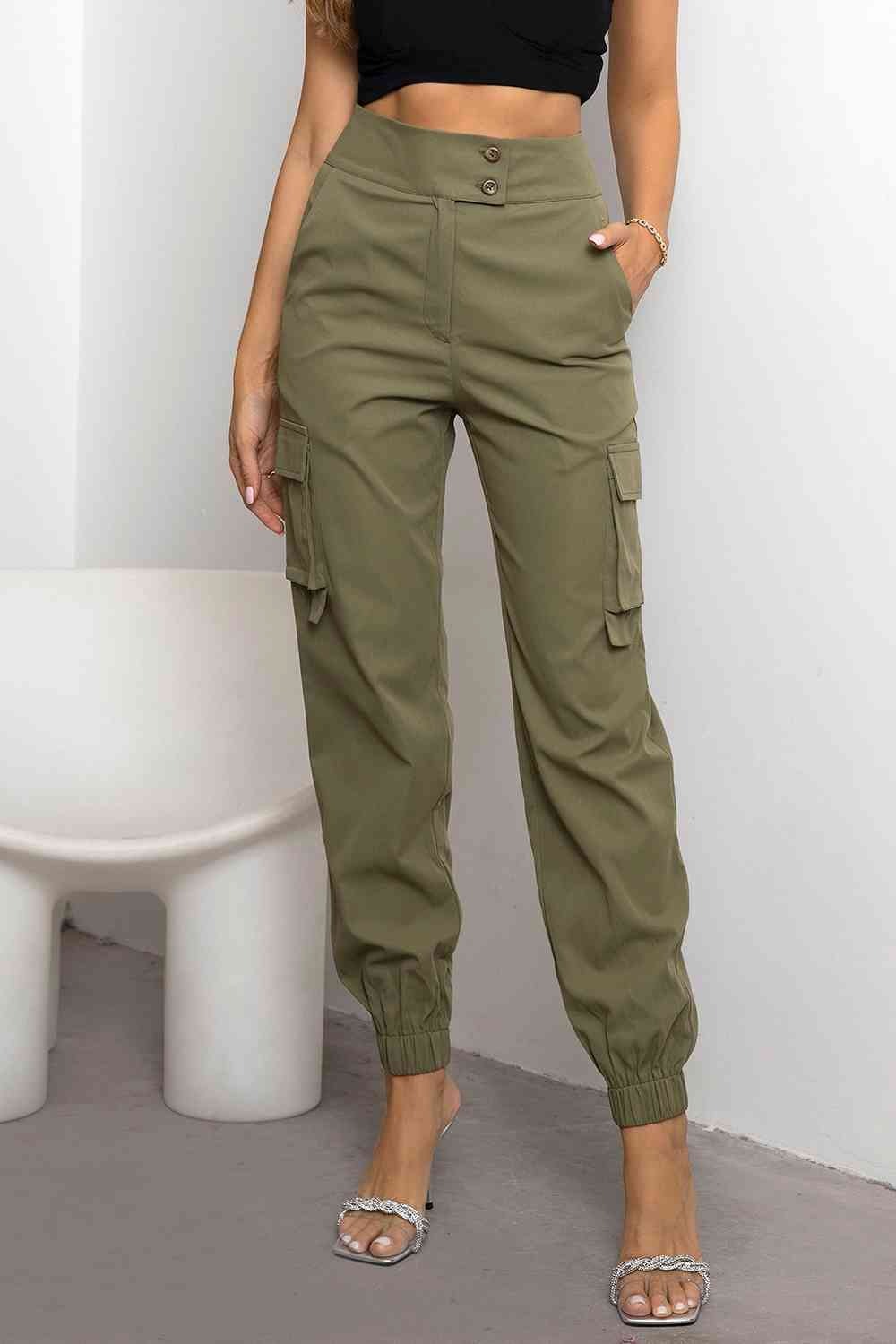 Women's High-Waisted Cargo Jogger Pants with Cinched Cuffs