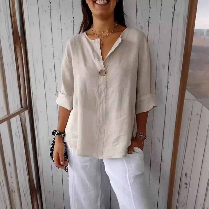 Women’s Deep V-Neck Blouse with Button Detail
