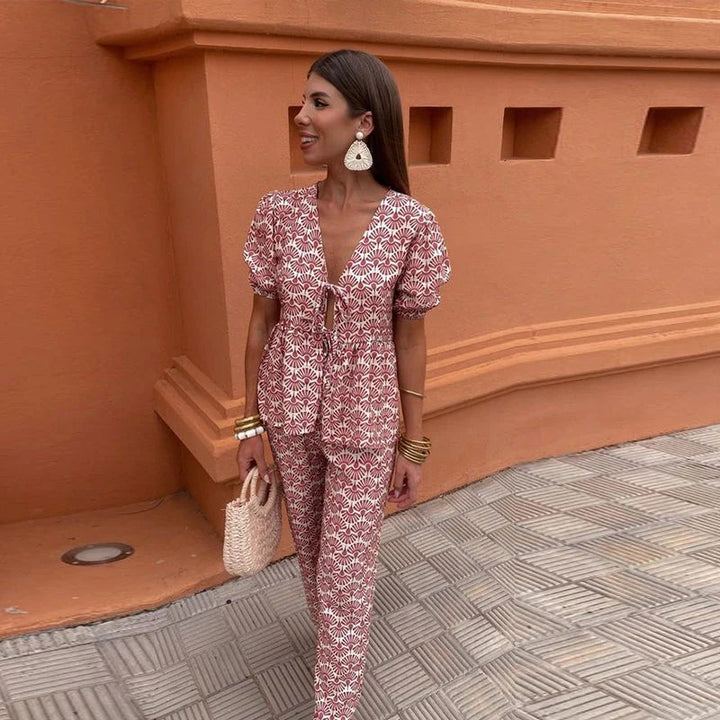 Women's Printed Two-Piece Set with Tie-Blouse