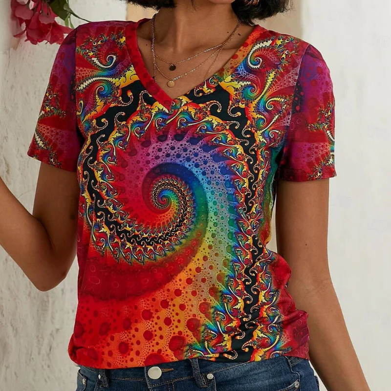 Women's V-Neck T-Shirt with Swirl Pattern