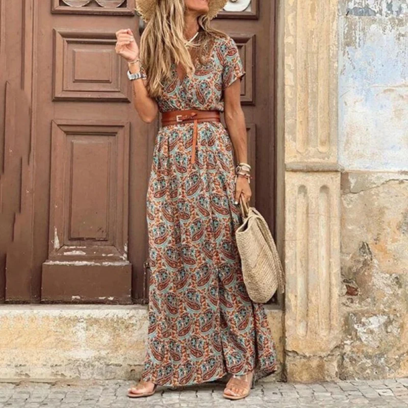 Women's Paisley Floral Side-Slit Maxi Dress