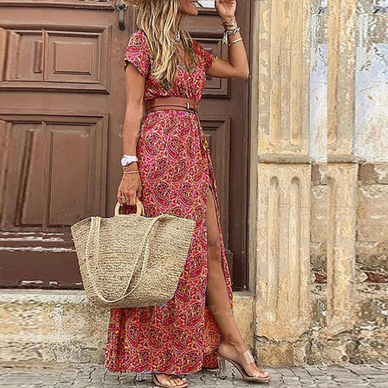 Women's Paisley Floral Side-Slit Maxi Dress