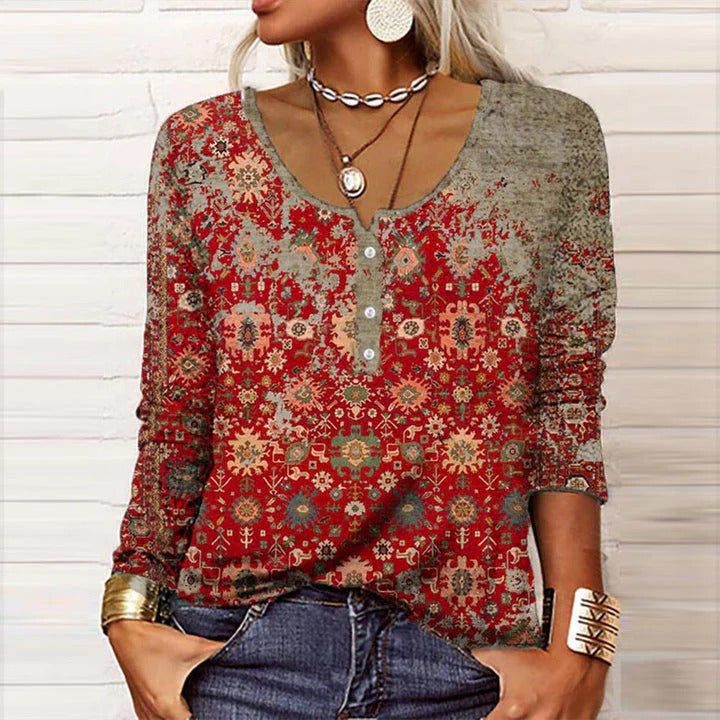 Women's Geometric Print Long-Sleeve Henley Top