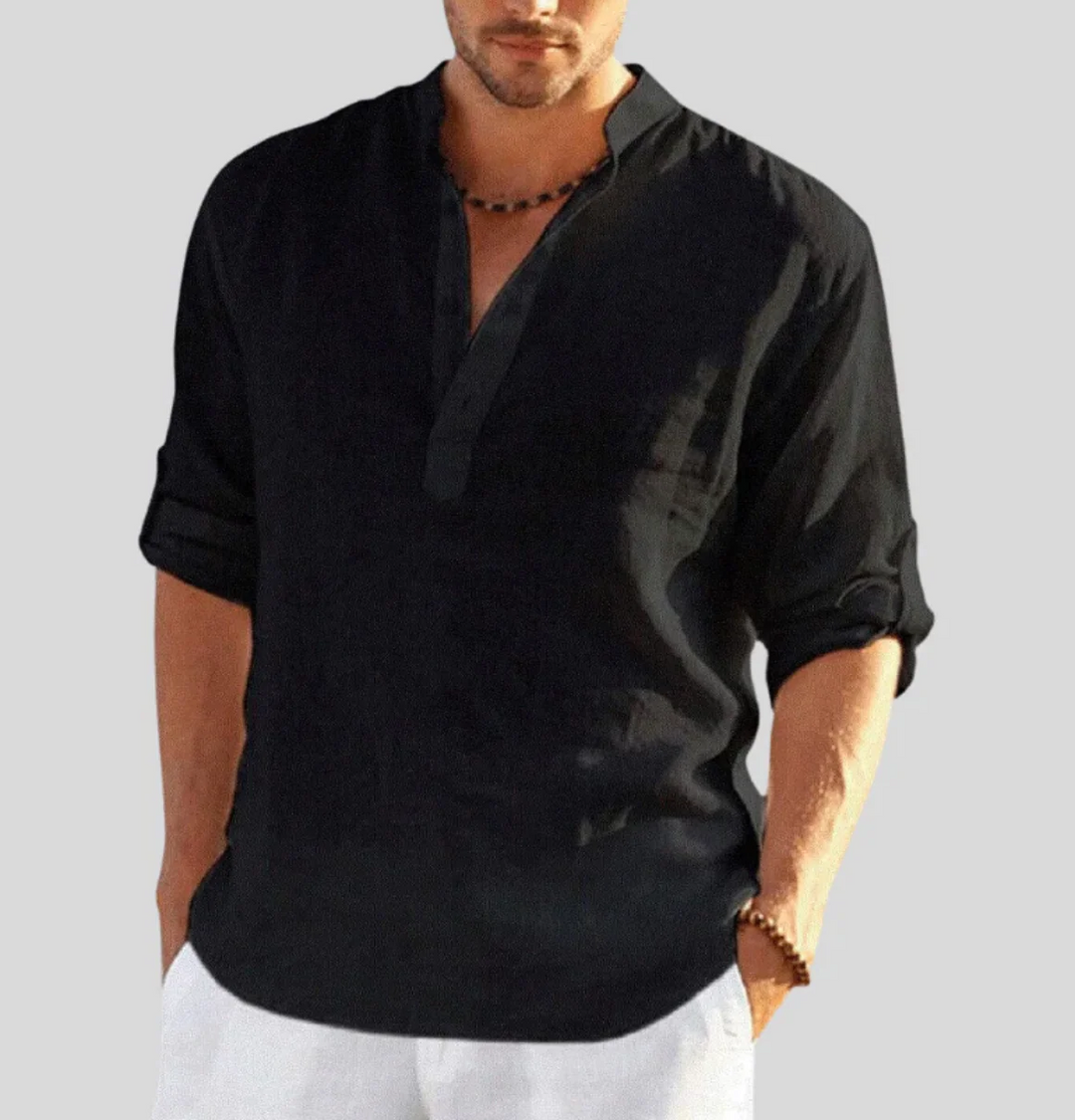 Men’s Long-Sleeve Henley Shirt with Mandarin Collar