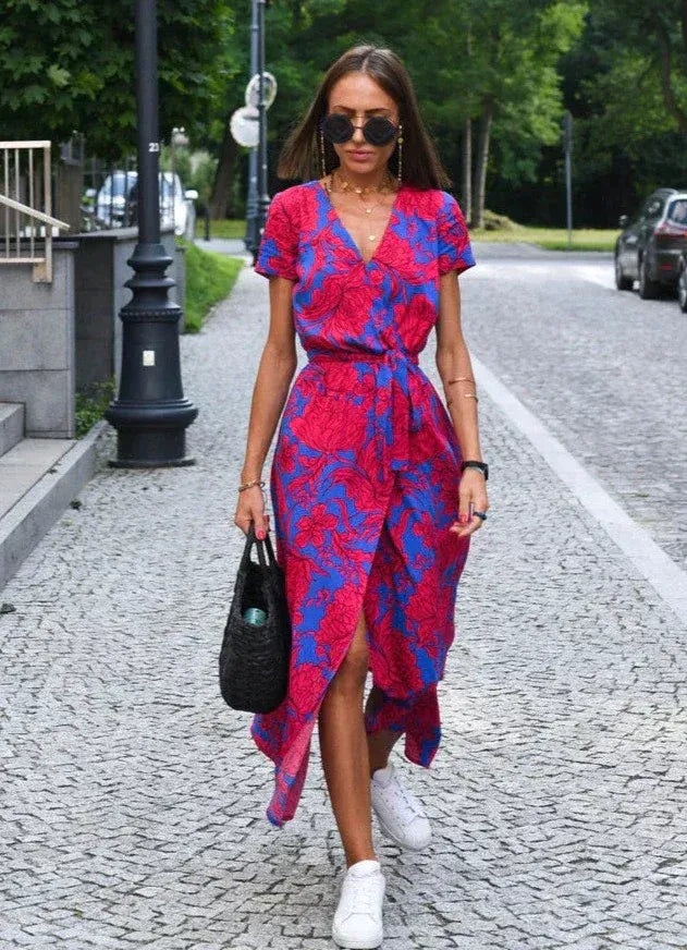 Women's Tie-Waist Wrap Midi Dress with Print