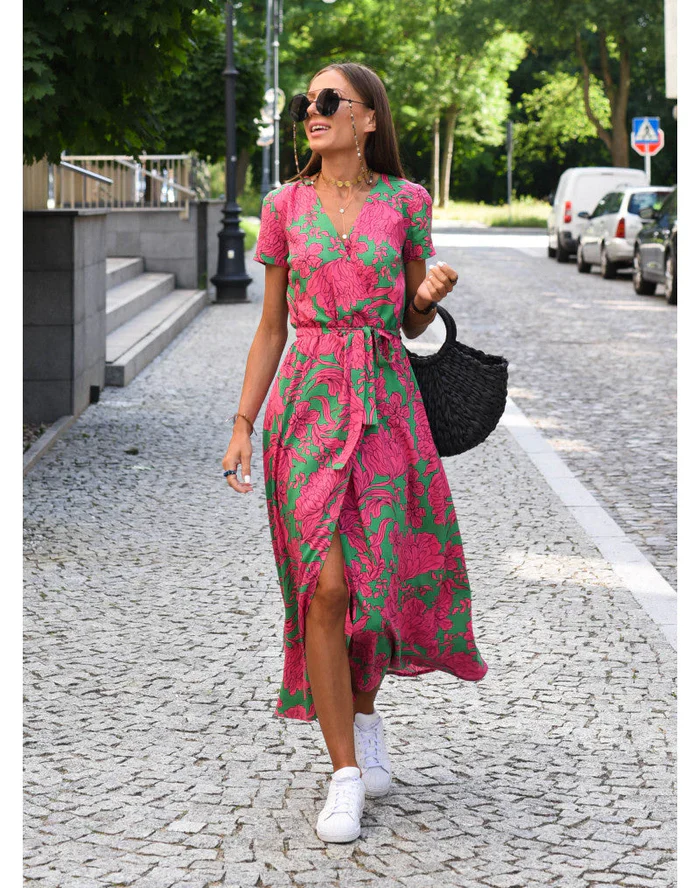 Women's Tie-Waist Wrap Midi Dress with Print