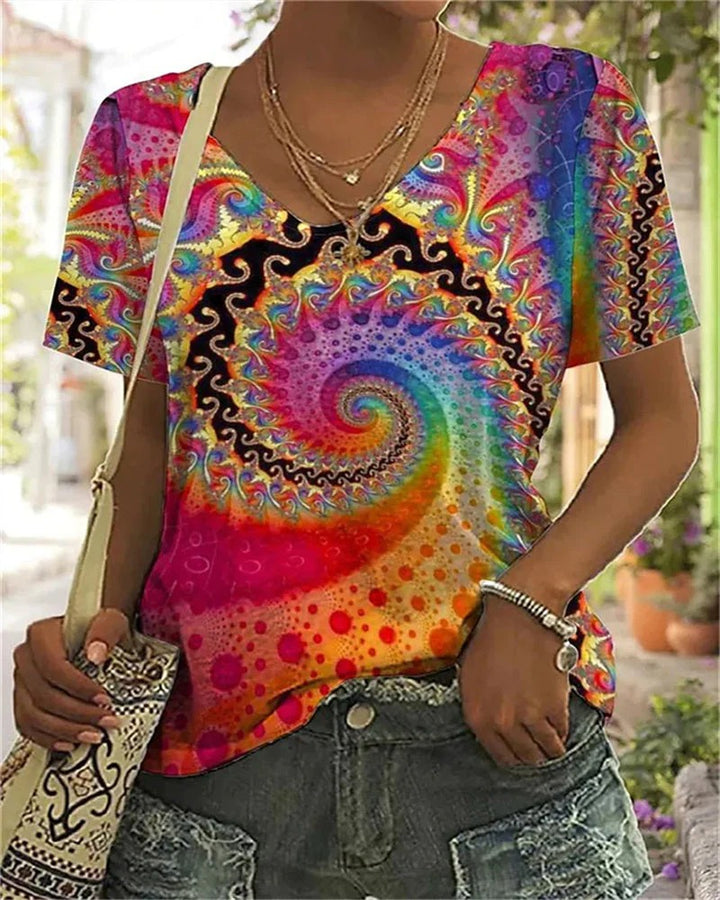 Women's V-Neck T-Shirt with Swirl Pattern