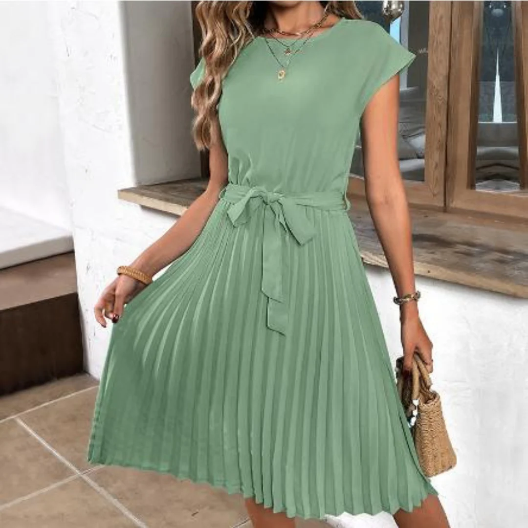 Women’s Midi Dress with Tie Belt and Pleated Skirt