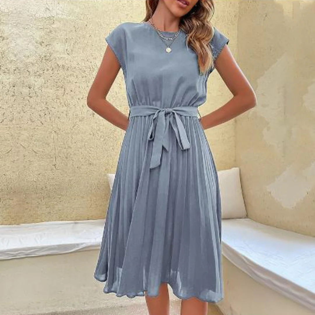 Women’s Midi Dress with Tie Belt and Pleated Skirt