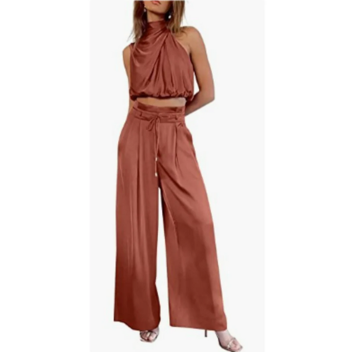 Women’s Two-Piece Set with Cropped Halter Top and Wide-Leg Trousers