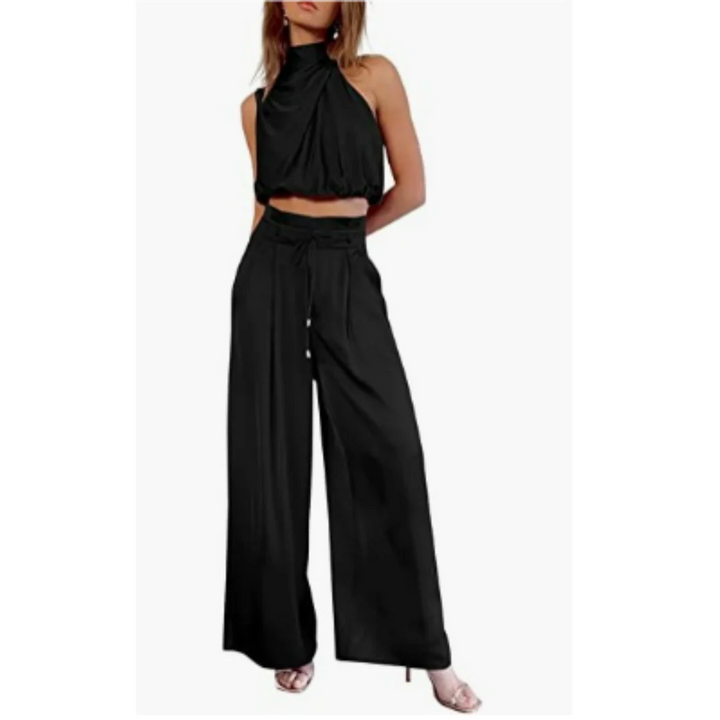 Women’s Two-Piece Set with Cropped Halter Top and Wide-Leg Trousers