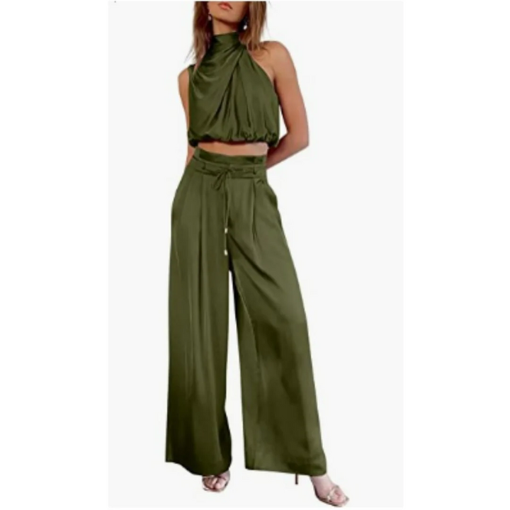 Women’s Two-Piece Set with Cropped Halter Top and Wide-Leg Trousers