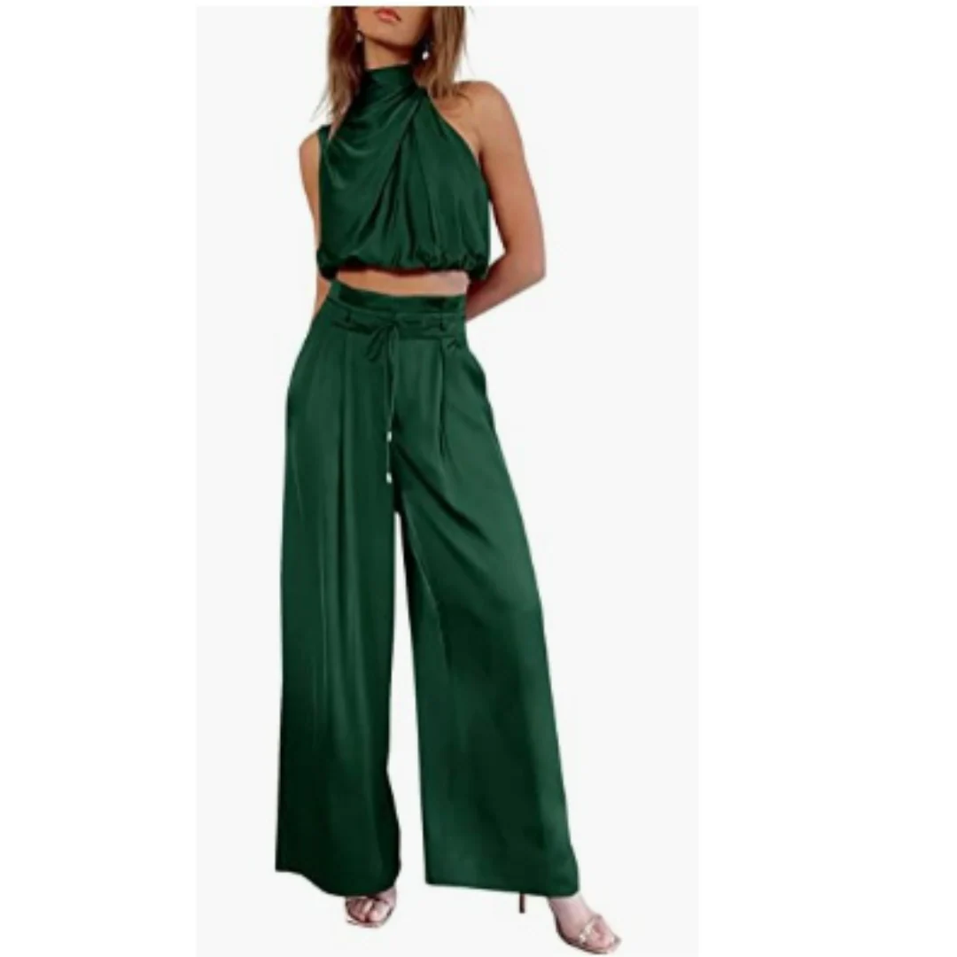Women’s Two-Piece Set with Cropped Halter Top and Wide-Leg Trousers