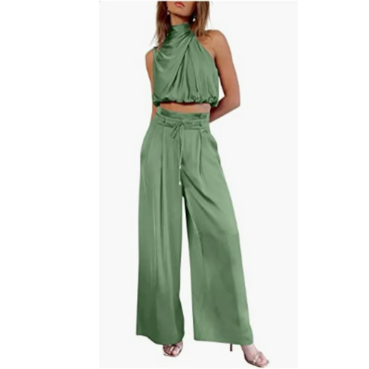 Women’s Two-Piece Set with Cropped Halter Top and Wide-Leg Trousers