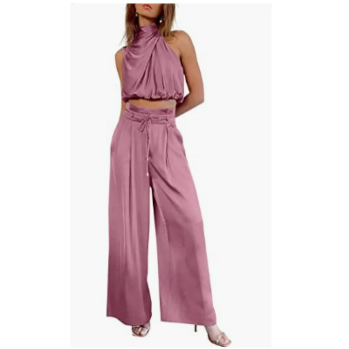 Women’s Two-Piece Set with Cropped Halter Top and Wide-Leg Trousers