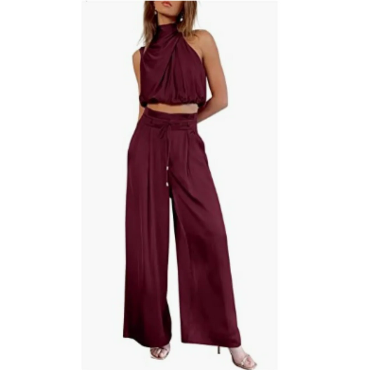 Women’s Two-Piece Set with Cropped Halter Top and Wide-Leg Trousers