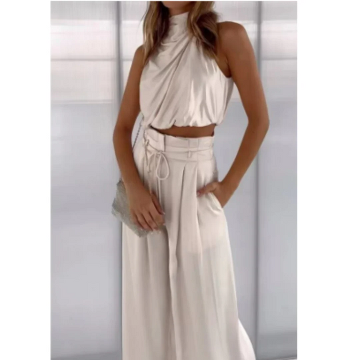 Women’s Two-Piece Set with Cropped Halter Top and Wide-Leg Trousers
