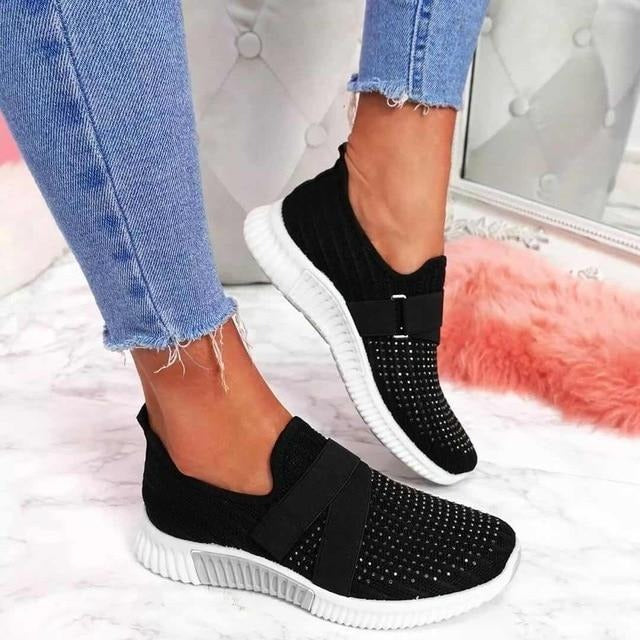 Women's Slip-On Walking Sneakers with Rhinestone Detail