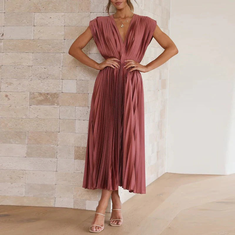 Women’s Pleated Midi Dress with V-Neck