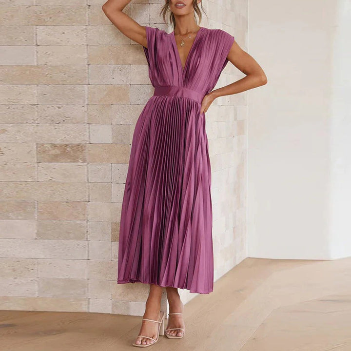 Women’s Pleated Midi Dress with V-Neck