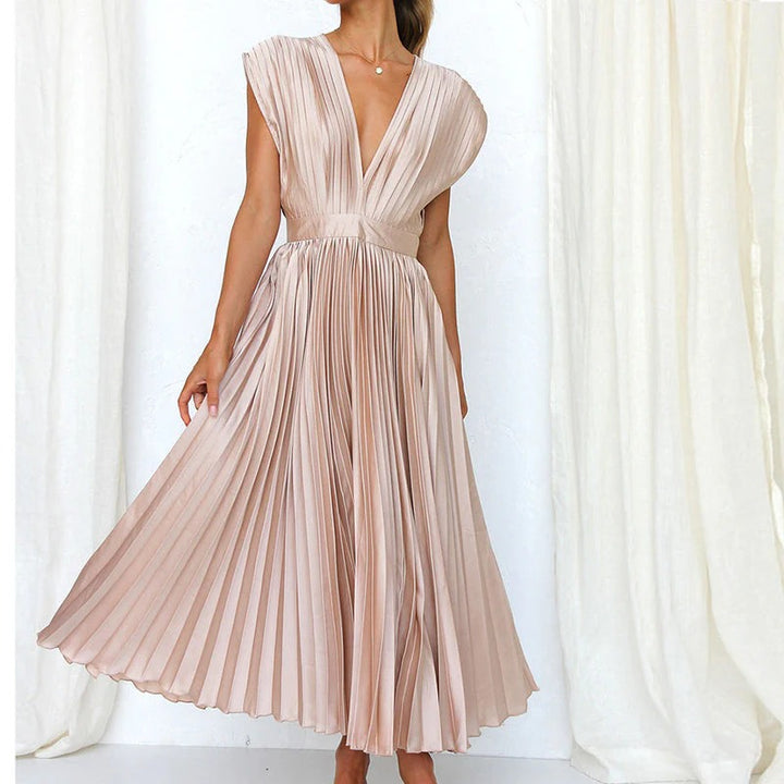 Women’s Pleated Midi Dress with V-Neck