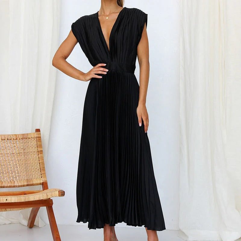 Women’s Pleated Midi Dress with V-Neck